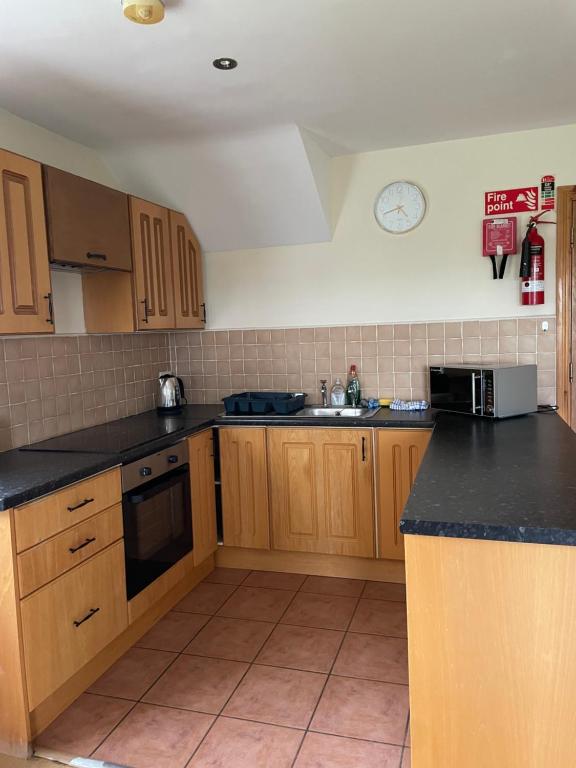 a kitchen with wooden cabinets and black counter tops at Breesy Centre Apartment in Donegal