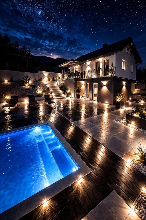 a house with a swimming pool at night at PJ Resort - Pool & Mountain View in Cerklje na Gorenjskem