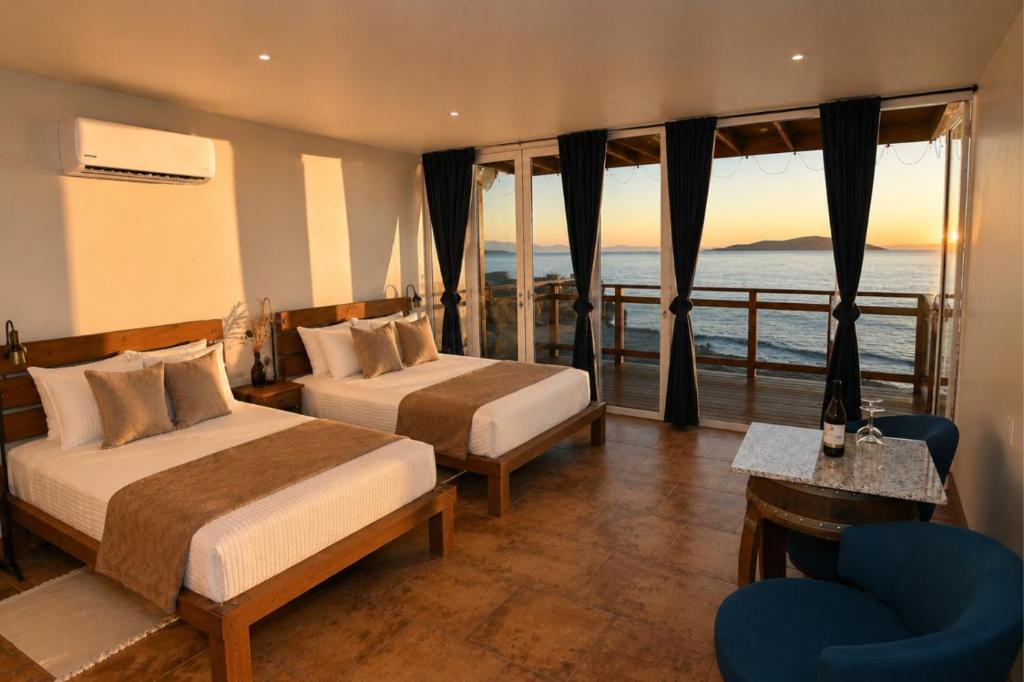 a hotel room with two beds and a view of the ocean at Wine Hotel Punta Arena in Bahía de los Ángeles