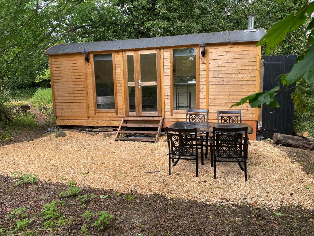 a cabin with a table and chairs in front of it at Rectory Hideaway in Reedham