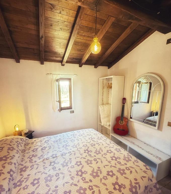 a bedroom with a bed and a guitar in it at alloggio turistico Castel di Salce in Viterbo