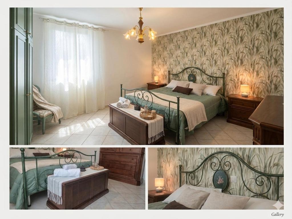 two pictures of a bedroom with a bed and a table at Alloggio turistico borgo antico in Bagnaia