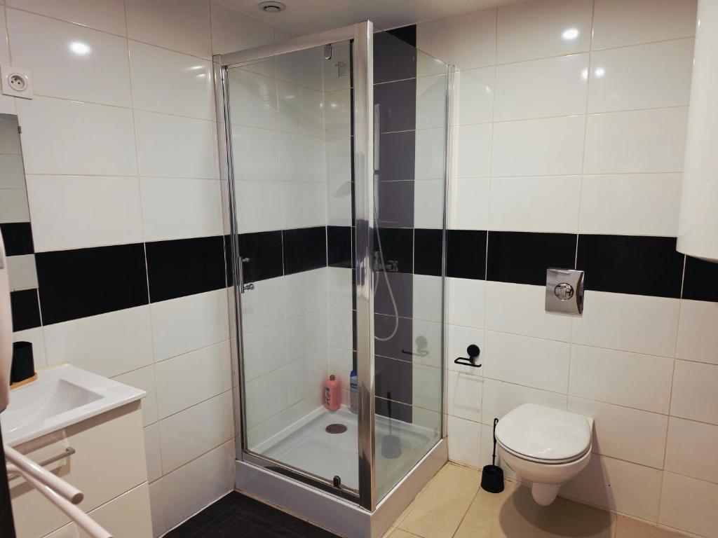 a bathroom with a shower and a toilet at le palmier 14 in Guéret