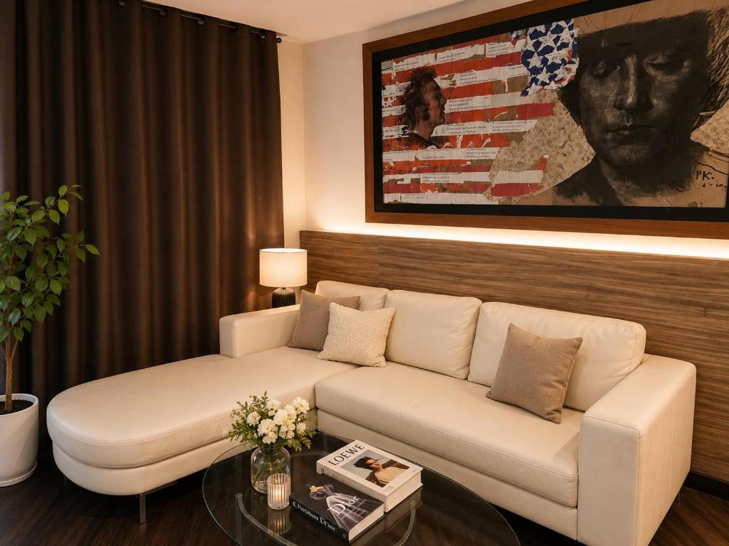 a living room with a white couch and a table at The Greenway Sukhumvit 50 in Phra Khanong