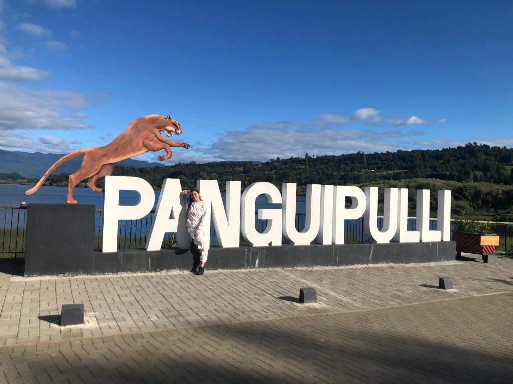 a man standing next to a large sign with a lion on it at MamiKiki Pangui2 in Panguipulli