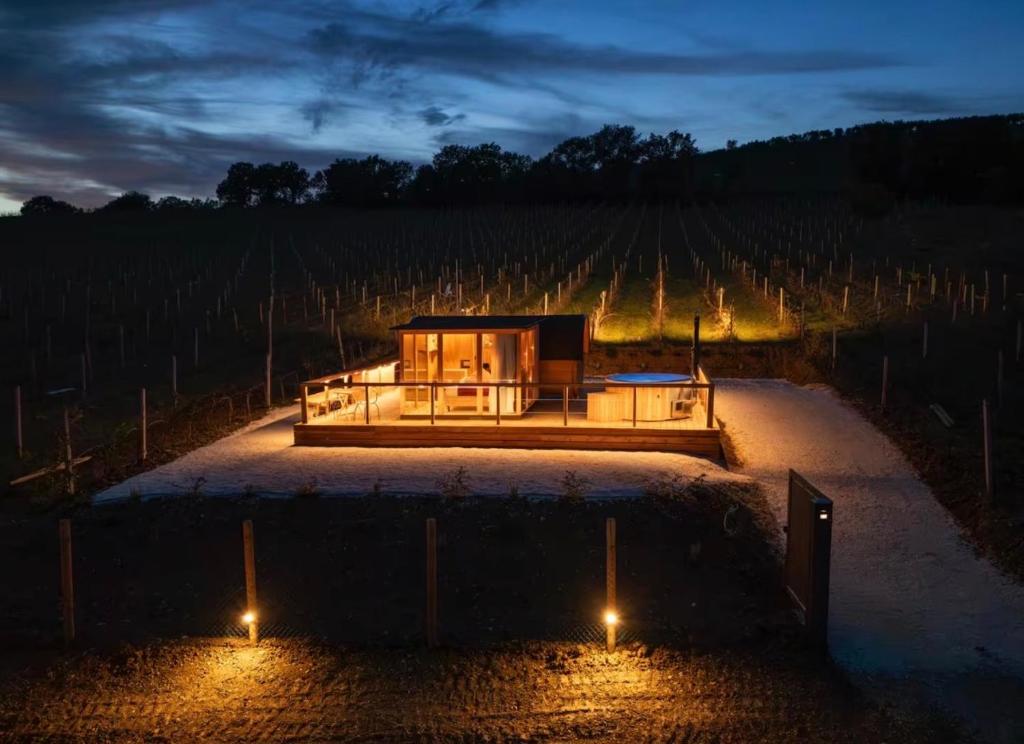 a building in the middle of a vineyard at night at Ámpelos Wine Room in Gallo