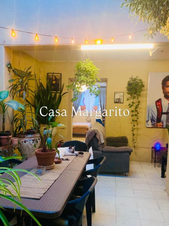 a dining room with a table and some plants at Hostal Casa Margarito in Guadalajara