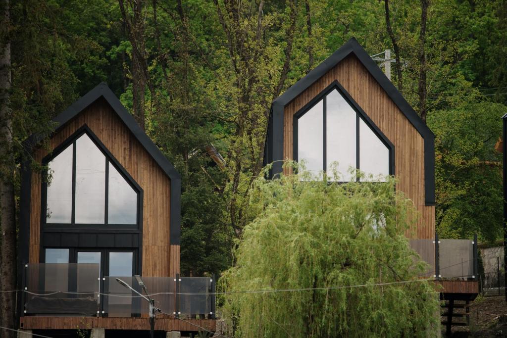 a house with two windows and a bush at Chalet Port Bicaz in Bicaz