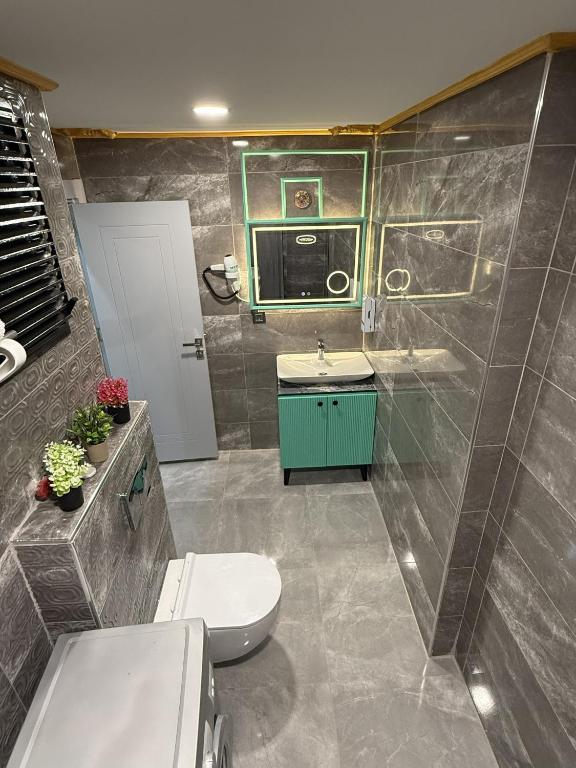 a bathroom with a toilet and a sink at aria plus ev otel in Çiftlikköy