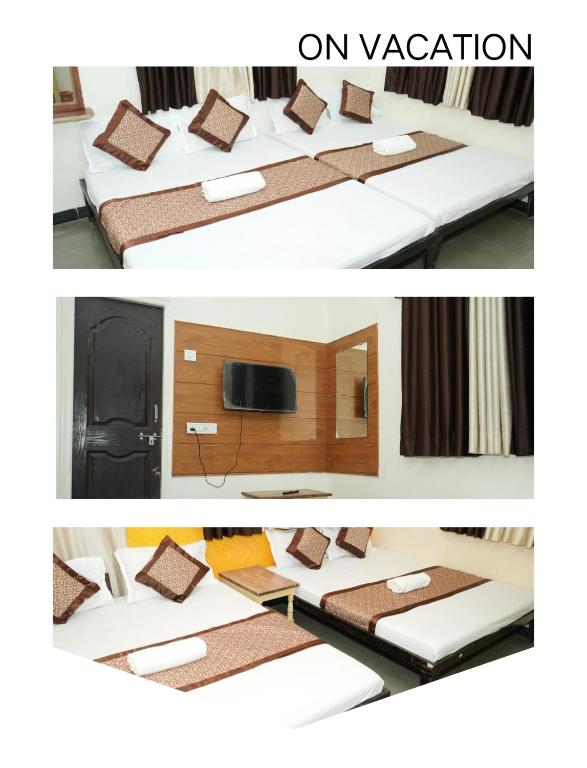 two pictures of a hotel room with pillows on a bed at Hotel laxminarayan niwas in Shirdi