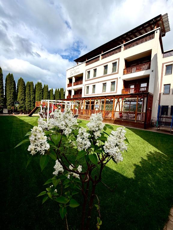 a building with white flowers in front of it at Sim House in Gura Humorului