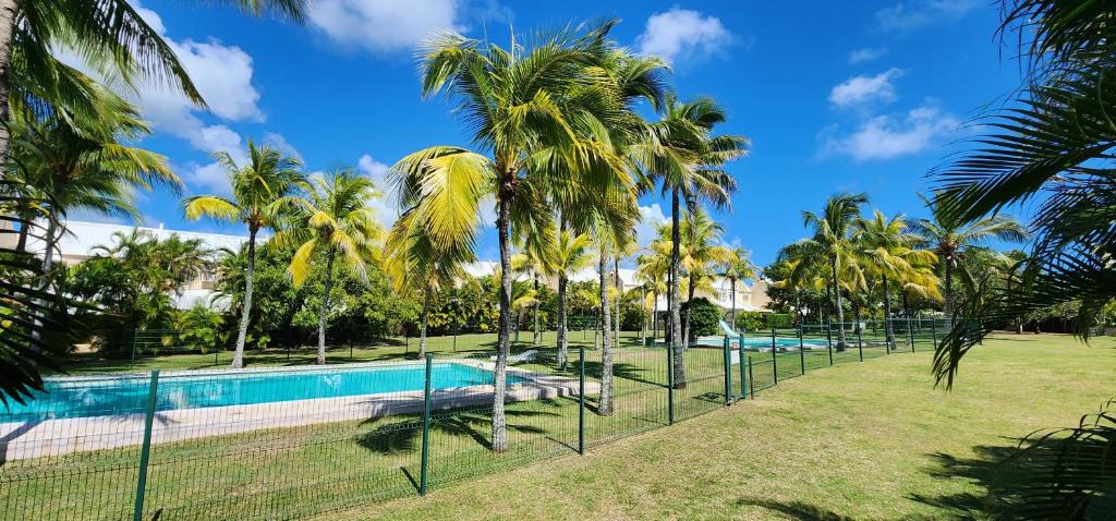 a fence around a swimming pool with palm trees at Charming house in Mauritius in Bain Boeuf
