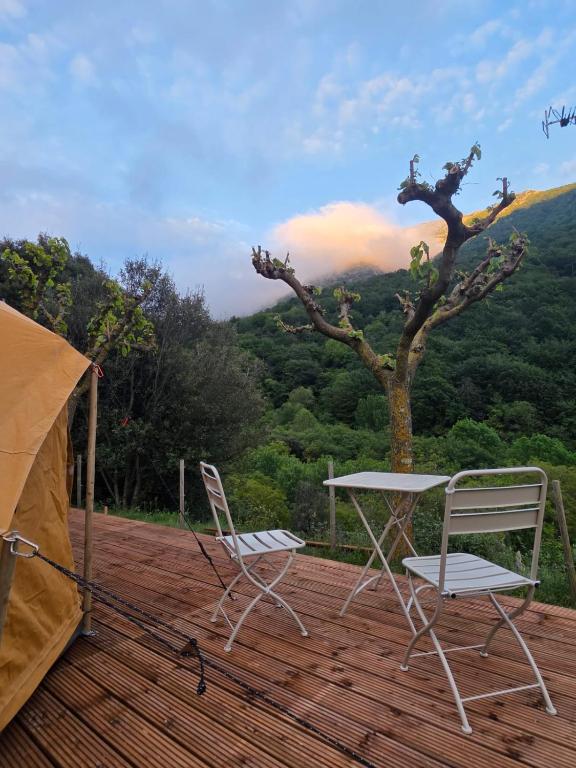 two chairs and a table on a deck with a tree at Nova Forest Montseny in Montseny