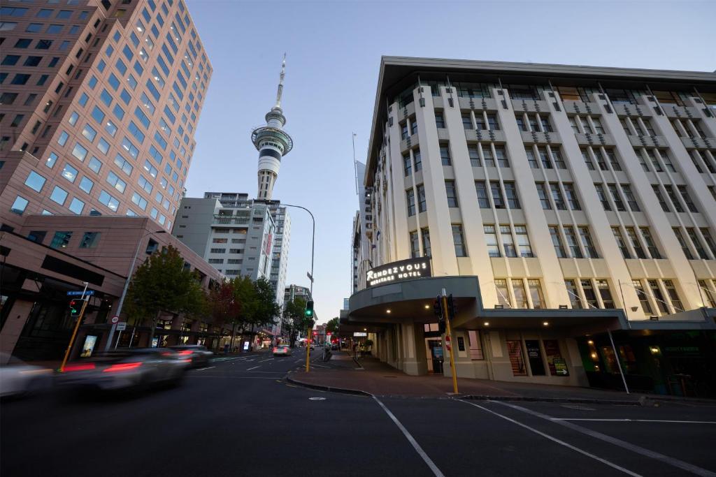 a city street with a view of the tv tower at Rendezvous Heritage Hotel Auckland in Auckland