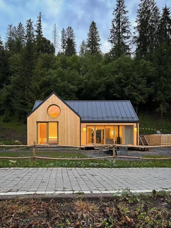 a house with a metal roof on a field at Cozyhouse in Slavske