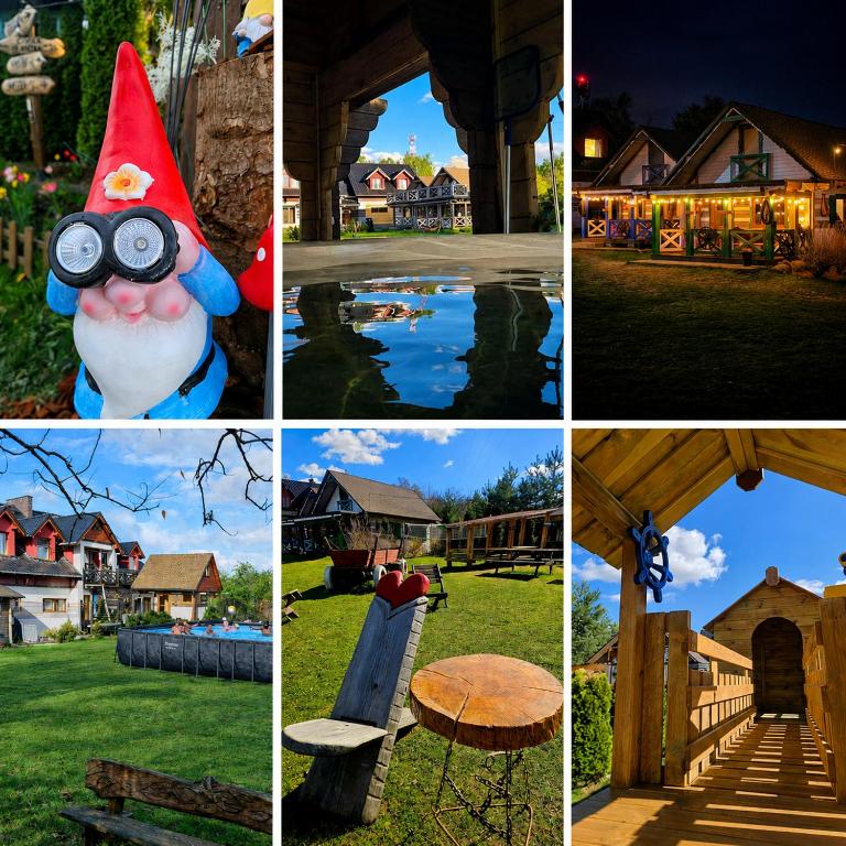 a collage of photos with a gnome and houses at Ostoja Karkonoska in Podgórzyn