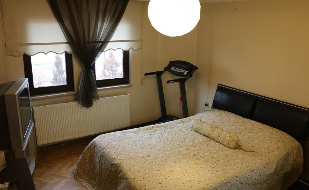 a bedroom with a bed and two windows at Best Room in Town in Karakusunlar Köyü