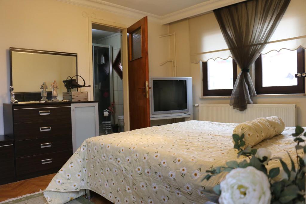 a bedroom with a bed with a dresser and a television at Best Room in Town in Karakusunlar Köyü