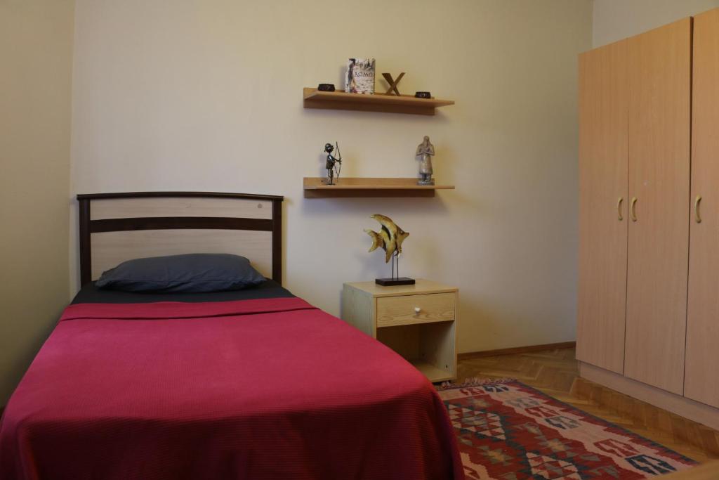 a bedroom with a bed with a red blanket and a cabinet at Best Room in Town in Karakusunlar Köyü