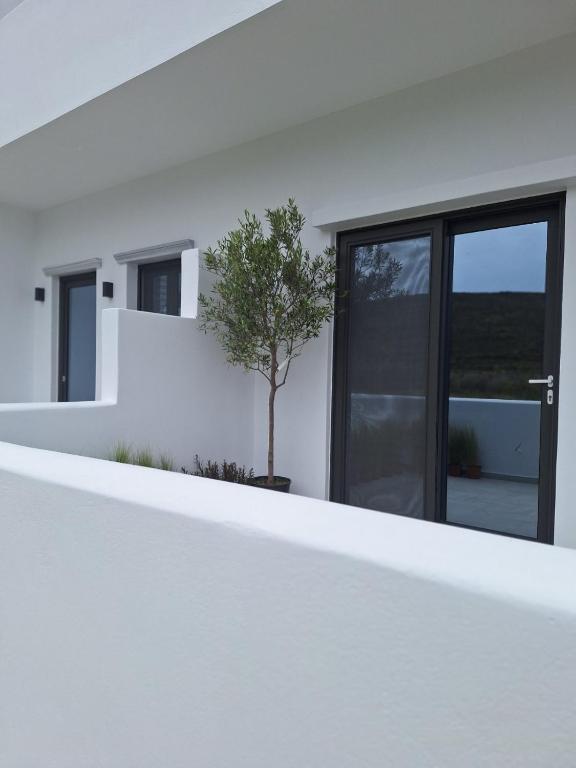 a white house with a tree in front of it at Smovolo houses 1 in Agios Sostis