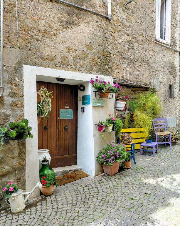 a building with a wooden door and pots of flowers at Casa vacanza La Mia Casetta Sutri Centro Storico in Sutri