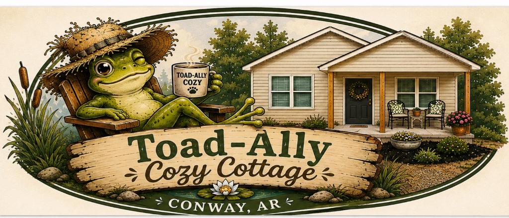 a sign with a frog wearing a hat and a house at Toad-Ally Cozy Cottage - Conway Getaway in Conway