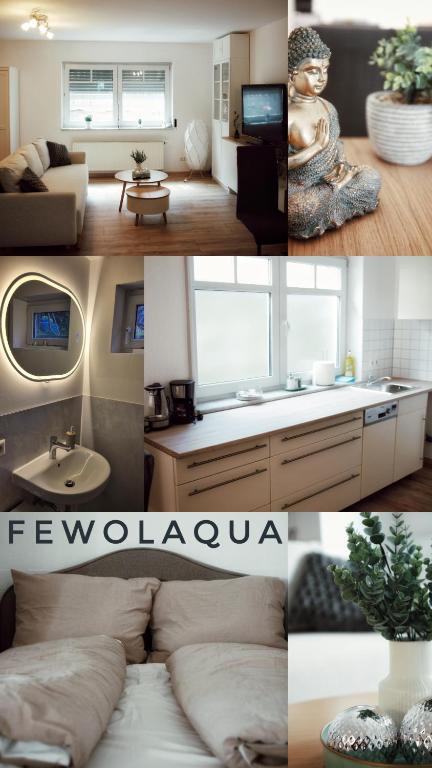 a collage of photos of a living room and a room at FeWoLaqua in Leipzig