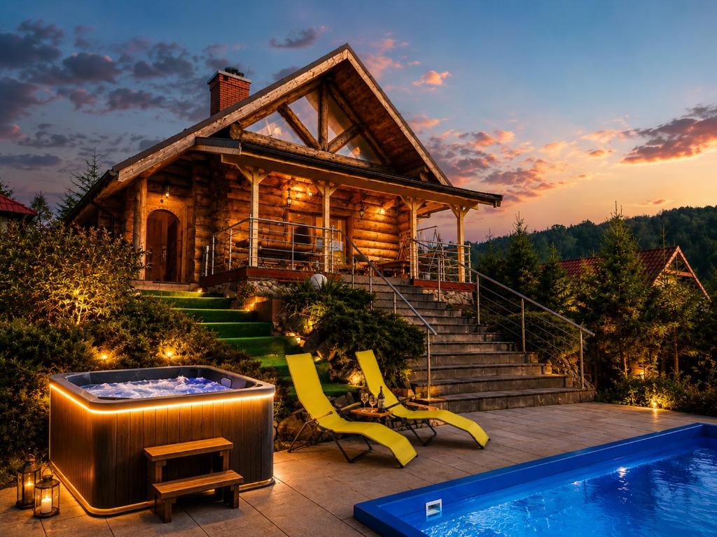 a log home with a pool and a house at Pod Smrekami in Sól
