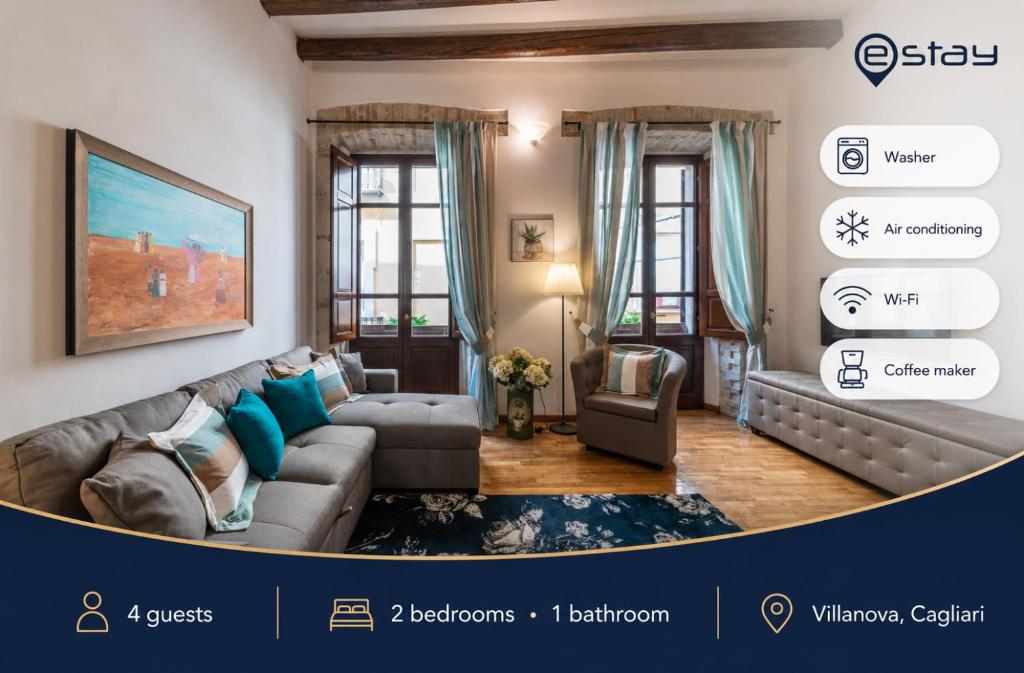 a living room with a gray couch and blue pillows at Estay - Charm in Villanova in Cagliari