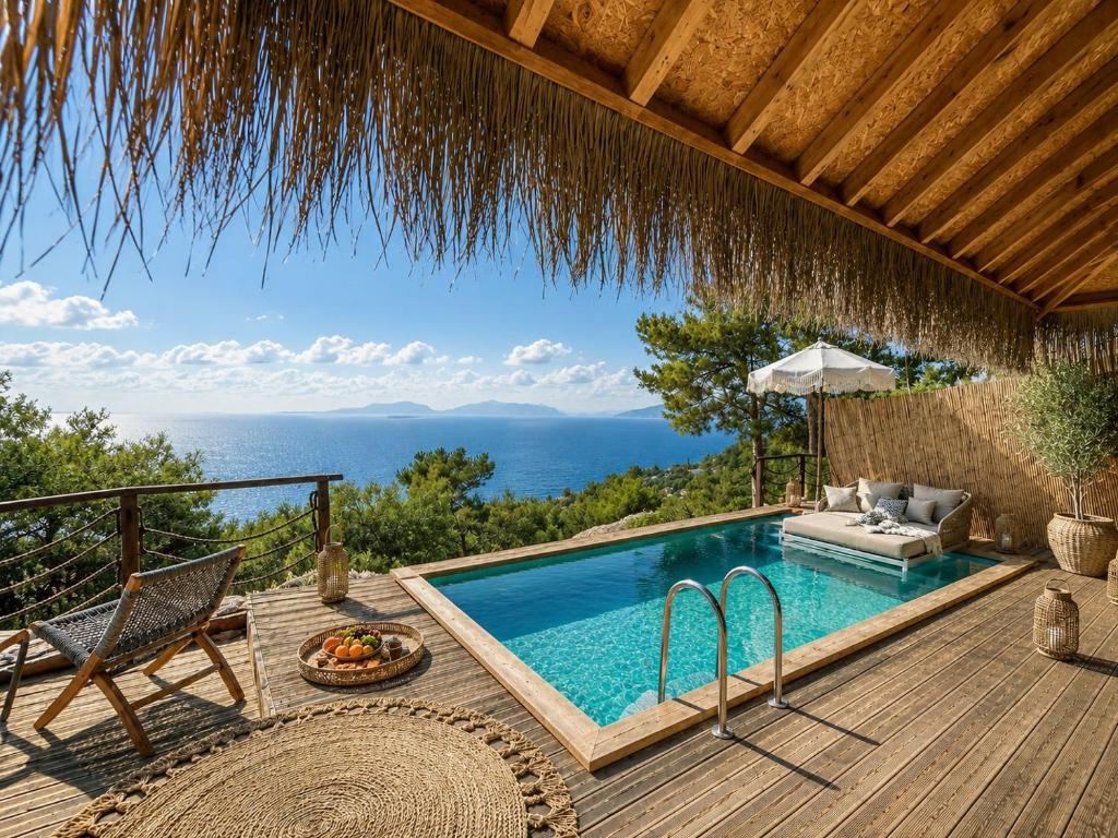 a pool on a deck with a view of the ocean at Heaven Resort Faralya in Fethiye