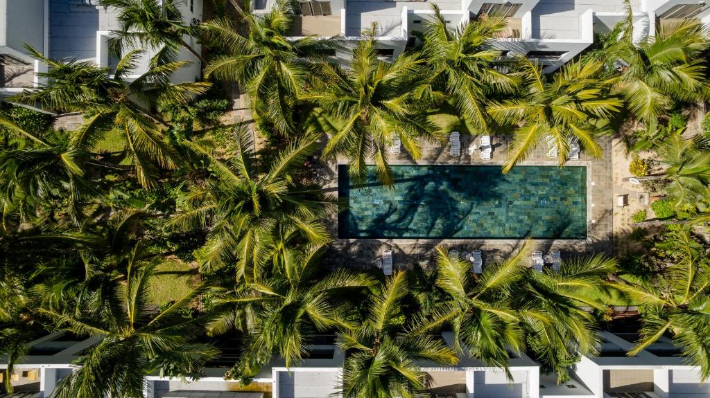 an overhead view of a hotel with palm trees at Chic poolside haven 3BR steps from the beach in Cap Malheureux