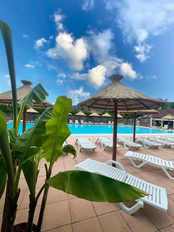 a pool with white lounge chairs and umbrellas at Chalet 4 étoiles - Piscine - ccbg00h in Celles-sur-Plaine