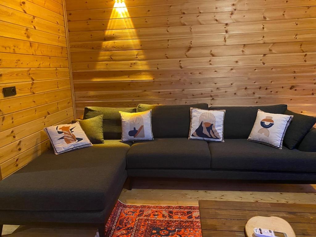 a green couch in a room with wooden walls at Doğa ile başbaşa dağ evi in Karadere