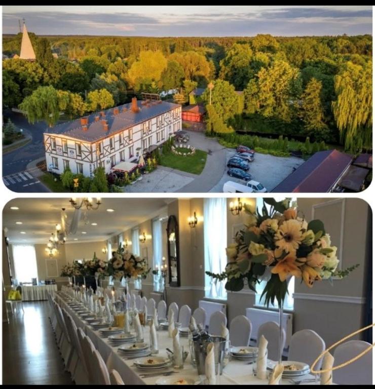 a room with a long table with white chairs and a building at Pensjonat Nowy Młyn in Kostrzyn nad Odrą