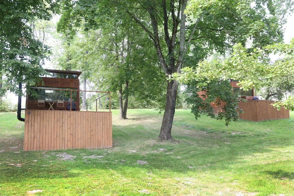 a house in a field with a tree at IRON Cabin in Gaylyunay