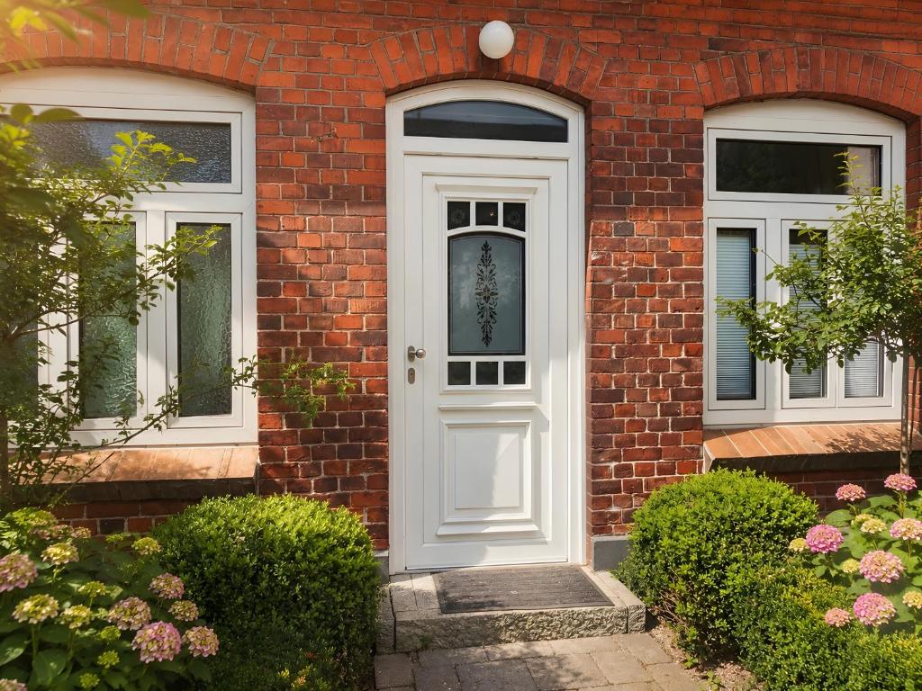 a white door on a brick house with bushes at Villa Verde in Flensburg