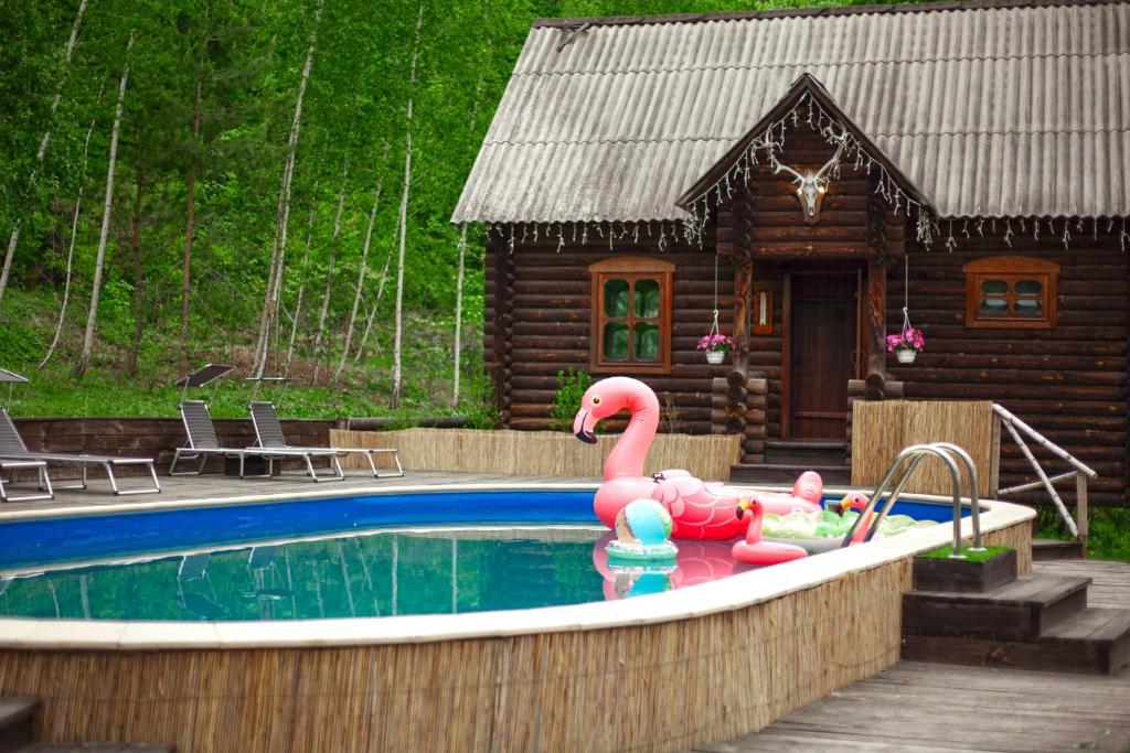 a small log cabin with a pool in front of a house at El Rancho De Stayki in Stayki