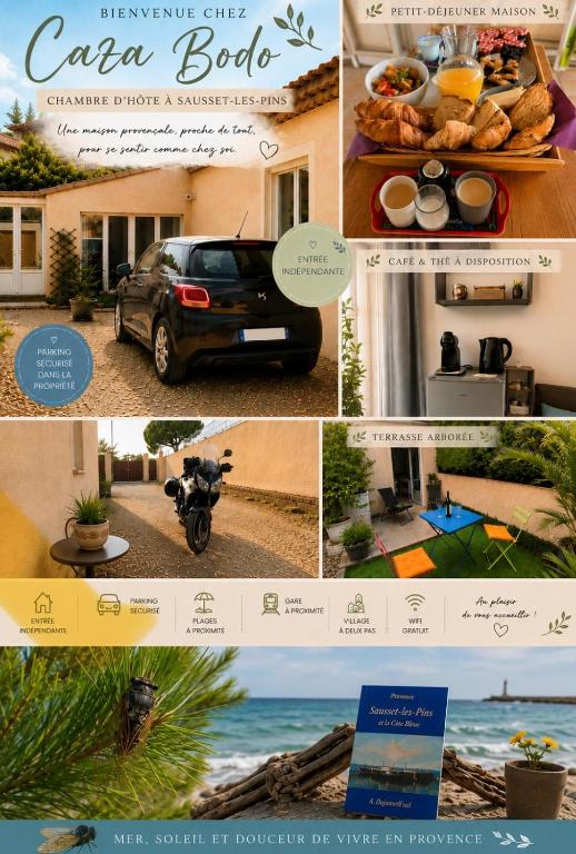 a collage of pictures of a car rental website at Caza Bodo in Sausset-les-Pins