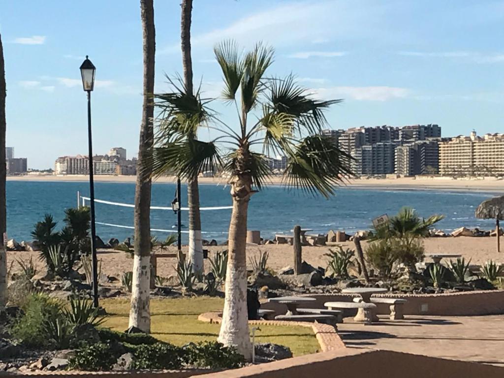 a view of a beach with palm trees and the ocean at Pinacate Marina Resort - Villa 11 in Puerto Peñasco