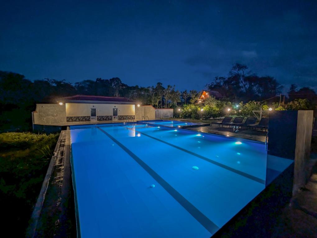 a swimming pool lit up at night at Choona Lodge 'view of sigiriya & pidurangala with sunrise' in Sigiriya