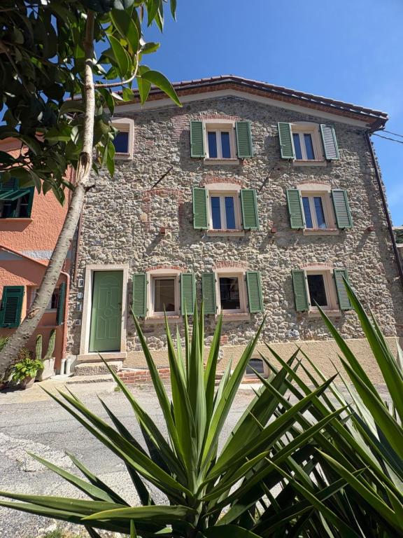an old stone building with green shutters and a plant at Cà del Bosco Appartamento Castagno in Il Romito