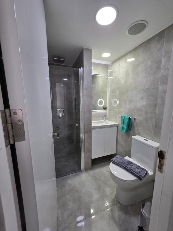a bathroom with a shower and a toilet and a sink at Yialos Holiday Apartments in Perivolia