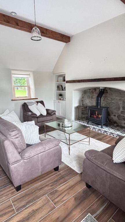 a living room with two couches and a fireplace at Patricks Thatch Cottage in Oranmore