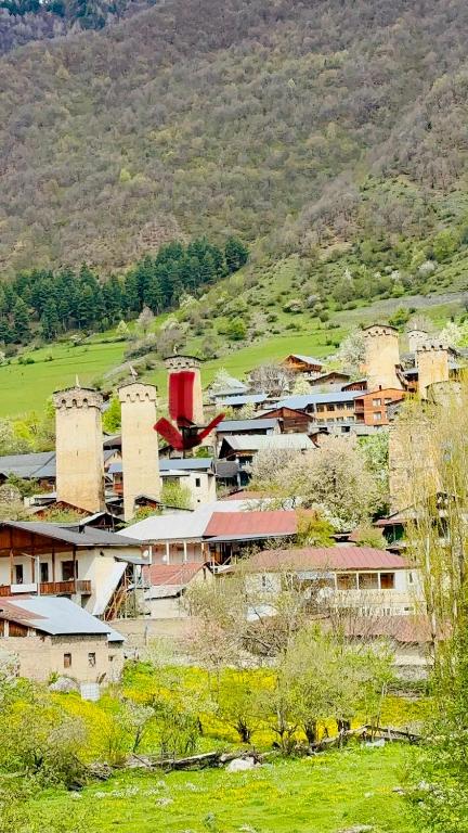 a small village with buildings and a mountain at Old View in Mestia