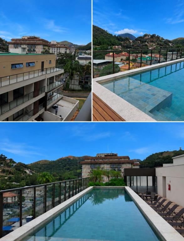 a collage of photos of a building and a swimming pool at Grand Reserva Granja Brasil in Araras Petropolis