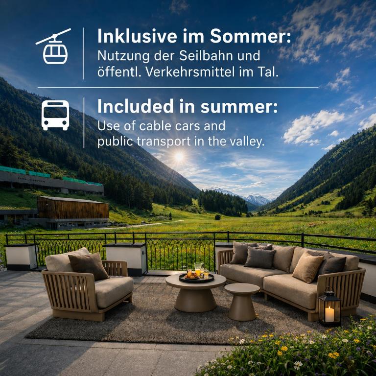 a advertisement for an outdoor patio with couches and a table at Boutique Hotel Montanara in Ischgl