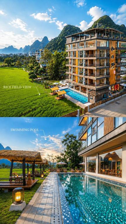 a collage of two pictures of a building and a swimming pool at Meadowscape Resort at Yulong River - Karst Views & Infinity Pool & Tickets Reservation Service & Free Laundry in Yangshuo