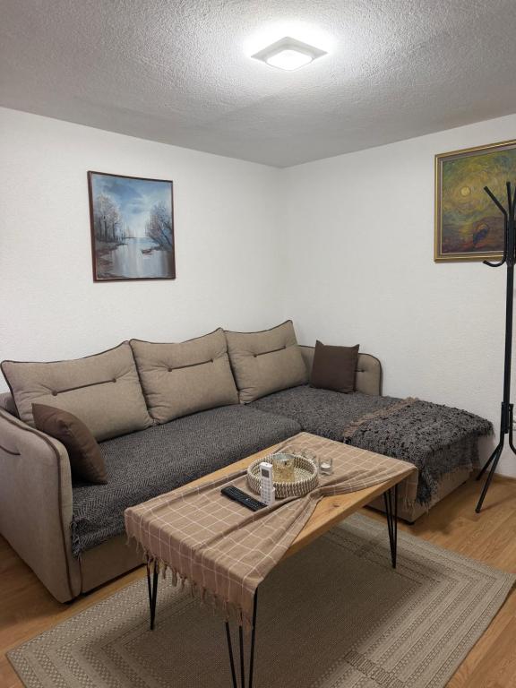 a living room with a couch and a coffee table at Dorotea Apartment in Ohrid