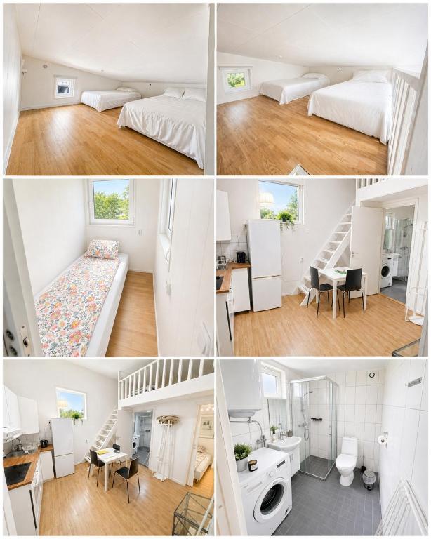 a collage of photos of a bedroom and a living room at Cozy Cottage in Södertälje