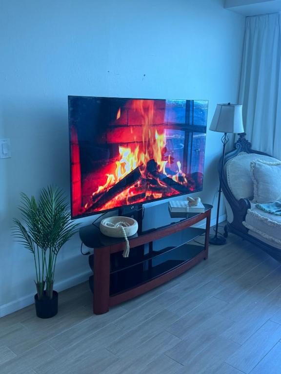 a living room with a tv and a fireplace at Luxury II in Fort Myers